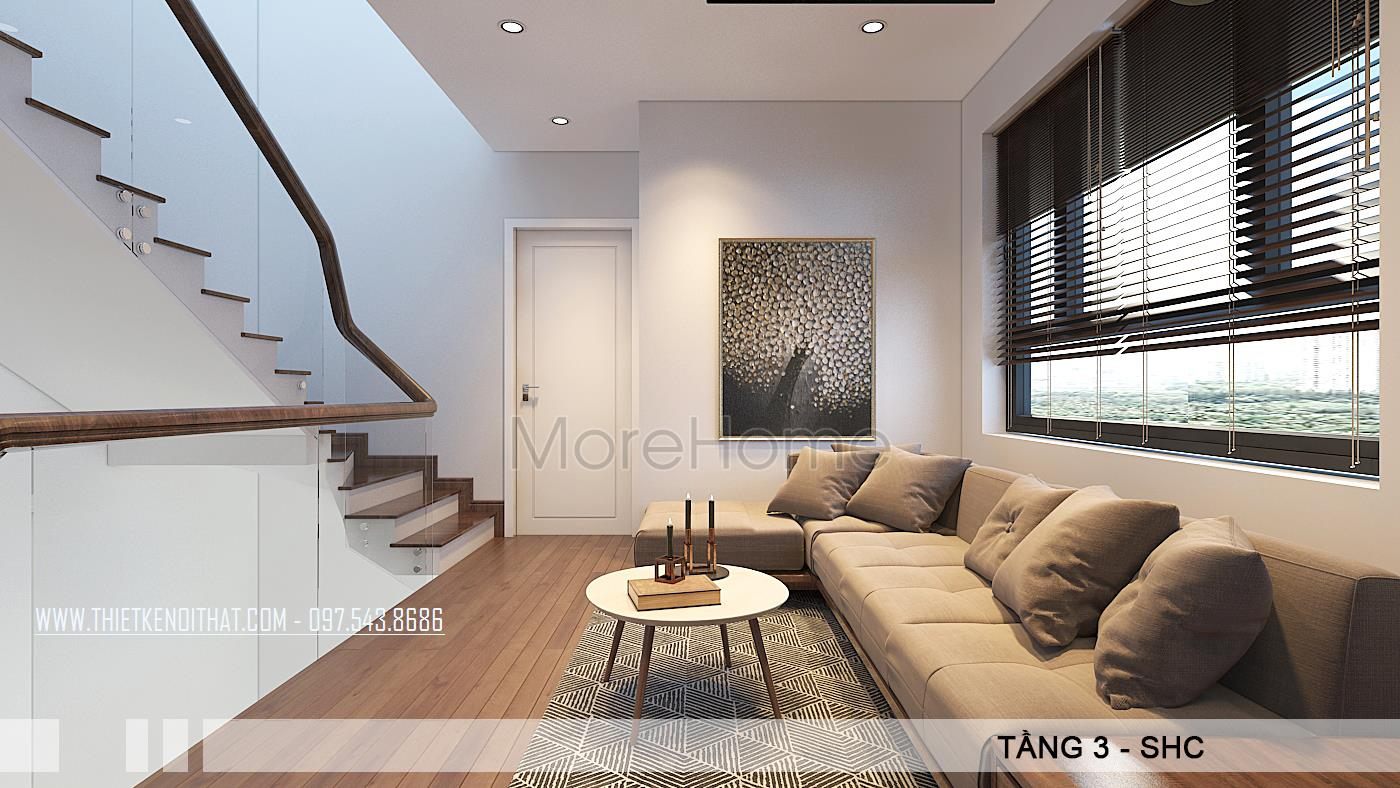 Cầu thang gỗ trong mẫu thiết kế biệt thự VinHome Thăng Long